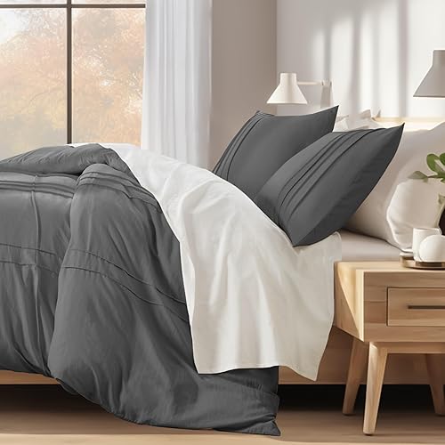 Miniatura 4 de Hyde Lane Juego de edredón de granja tamaño matrimonialqueen, ropa de cama suave gris para niños y hombres, juegos de cama de microfibra texturizada