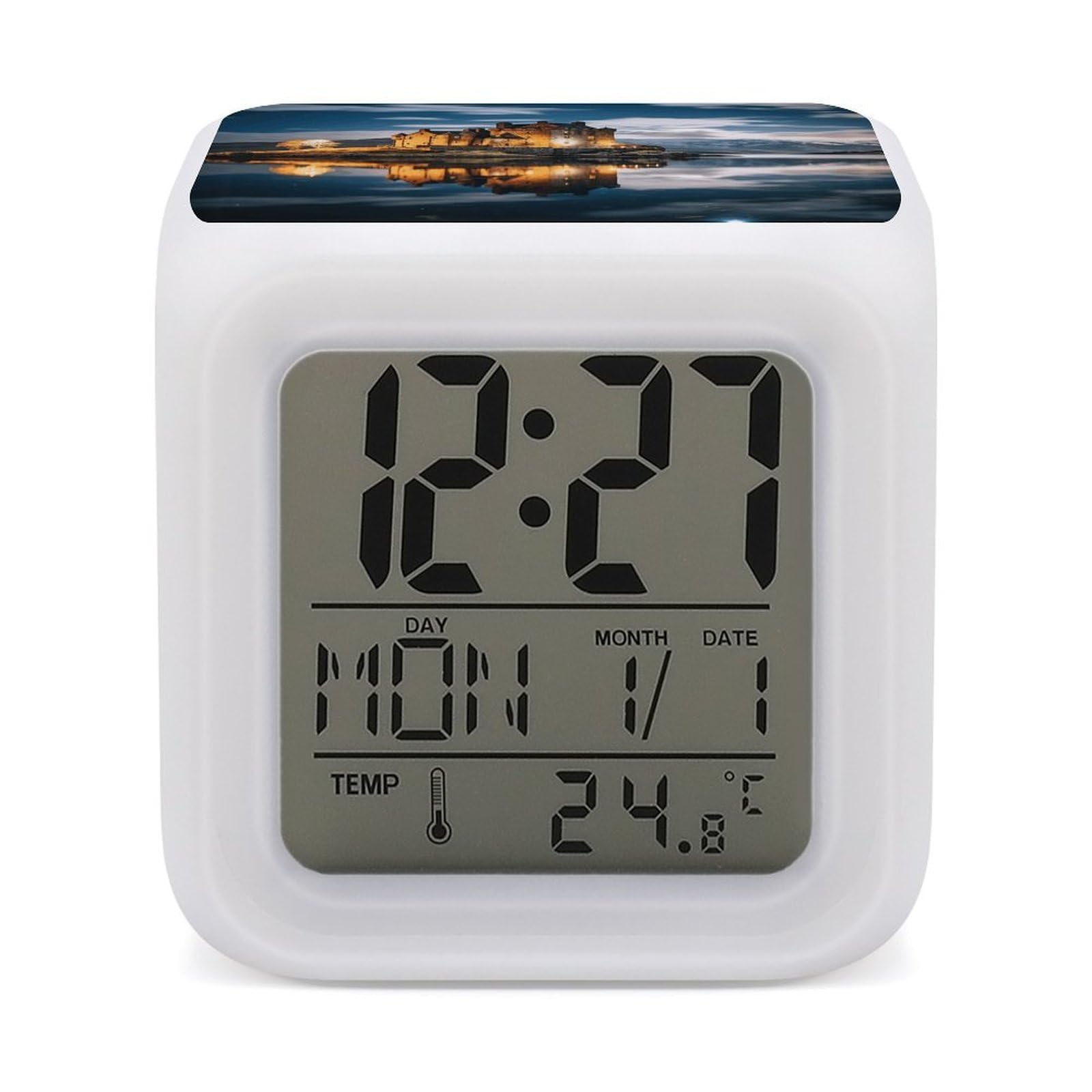VstaDank A Castle by The Lake Alarm Clock with 7 Color Changing Night Light Date Temp Display Wake Clocks LED Display Digital Clock Electric Desk Clocks for Living Office Bedroom Decor