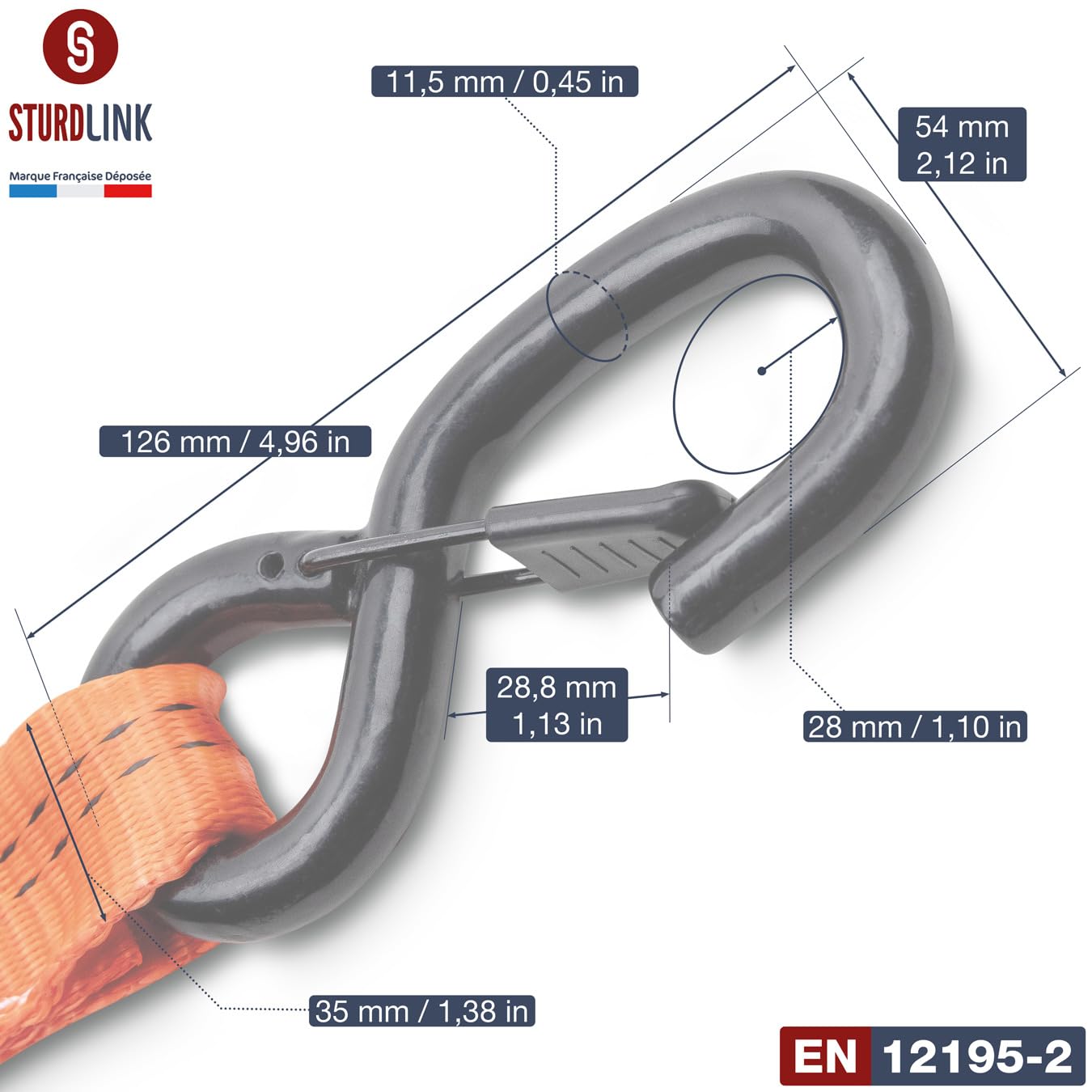 Correa de trinquete de 6 m y 35 mm con recuperador de tensión | Lote de 2 correas de amarre con ganchos S con linguete | LC 1000daN/2000daN en U + bolsa de almacenamiento | para remolque, furgoneta