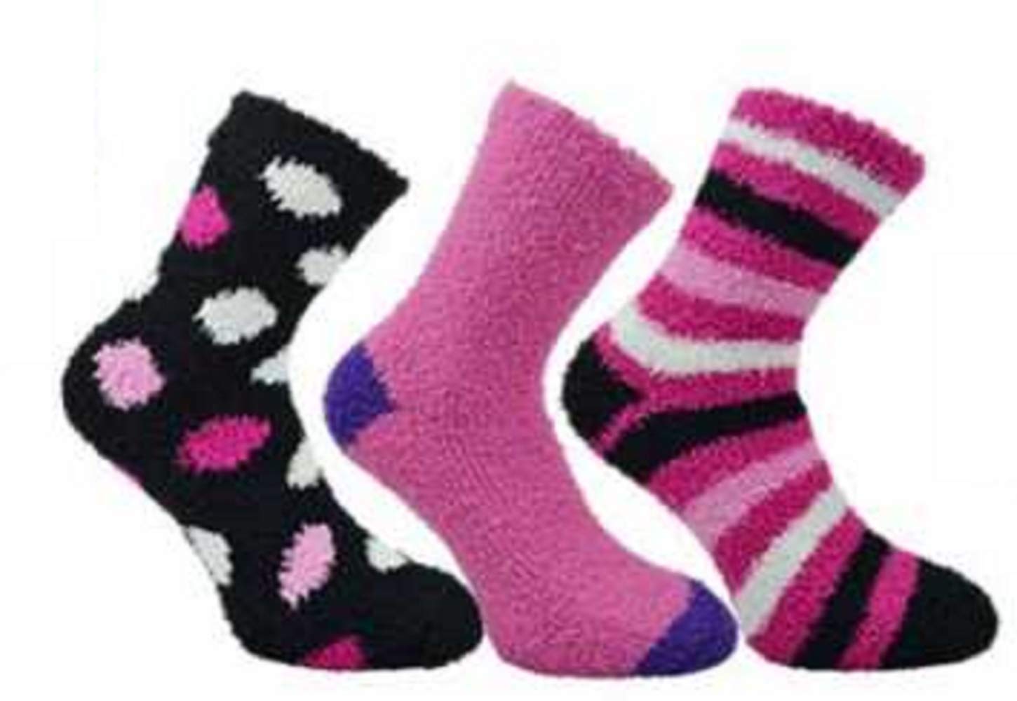 Women's Fluffy Stripes Plain & Polka Dot Co-Zee Thermal Socks 3 Pair Pack, Black and Pink Mix, 4-7
