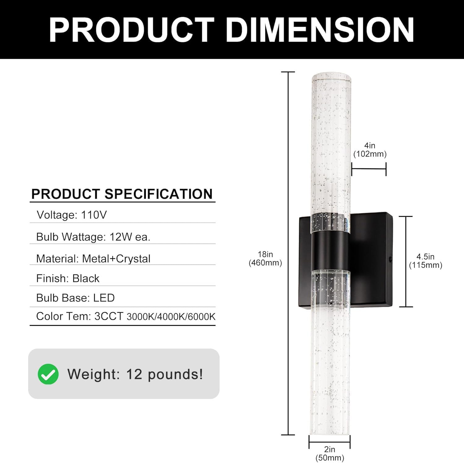 DORESshop Modern Wall Sconces Set of Two, 3CCT Crystal Bathroom Sconces Wall Light, Black Vanity Light Fixture, Sconce Wall Decor Set of 2, Wall Lights for Bedroom, Living Room, Hallway 18in
