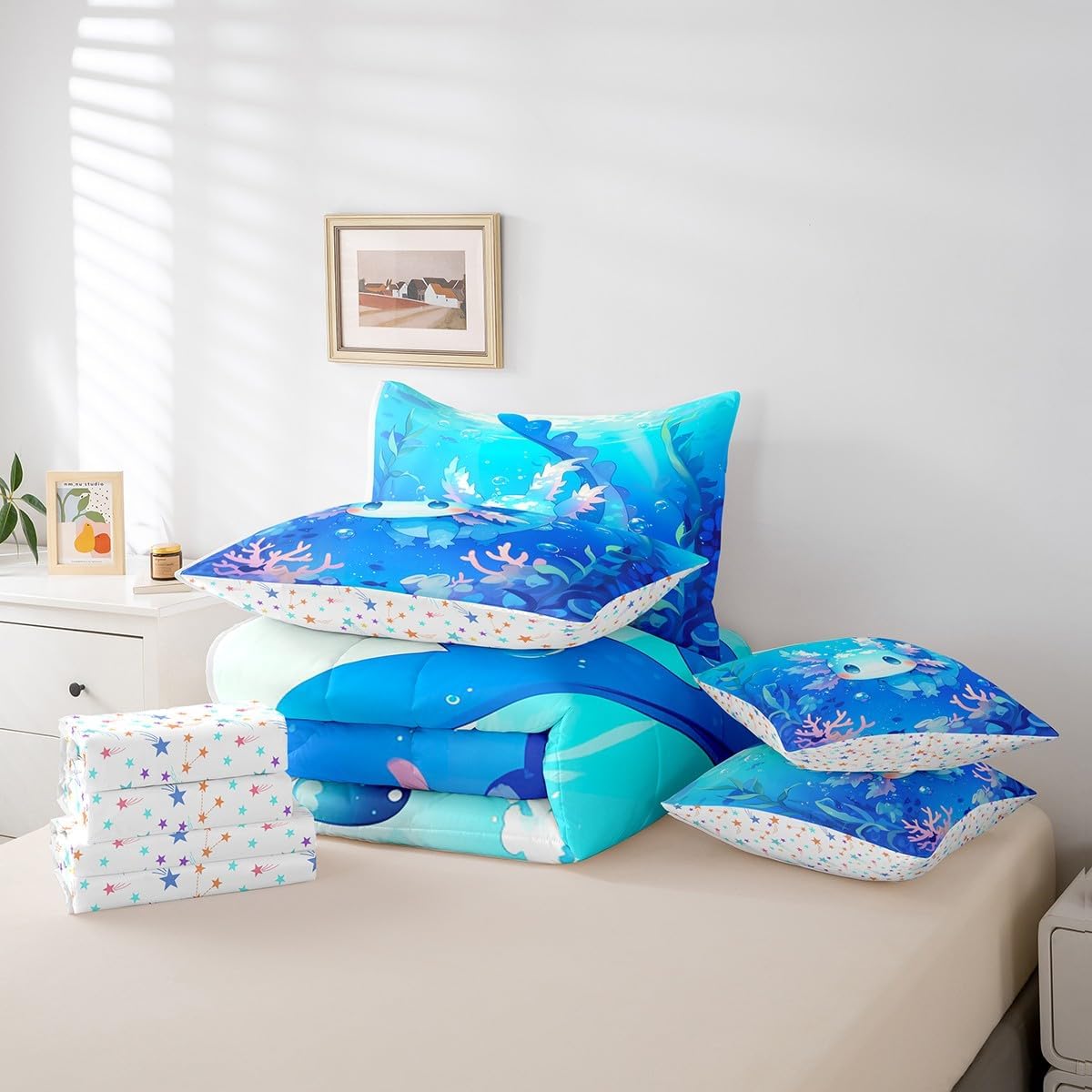 Erosebridal Axolotl Bedding Set 7 Pieces Bed in A Bag Full Size,Cute Animal Salamander Comforter for Kids Boys Girls Teens Blue Ocean Sealife Sheet Set Kawaii Sea Creature Flat Sheet