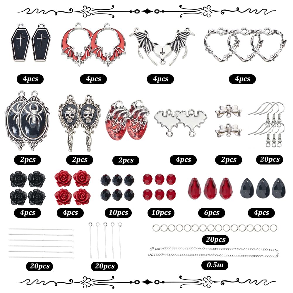 SUNNYCLUE 1 Box 10 works Halloween Earrings Kits Coffin Charms Bulk Spider Bat Charm Black Red Gothic Skeletons Skull Charm Glass Beads for jewellery Making Kits DIY Dangle Earrings Gift Supplies - Image 3