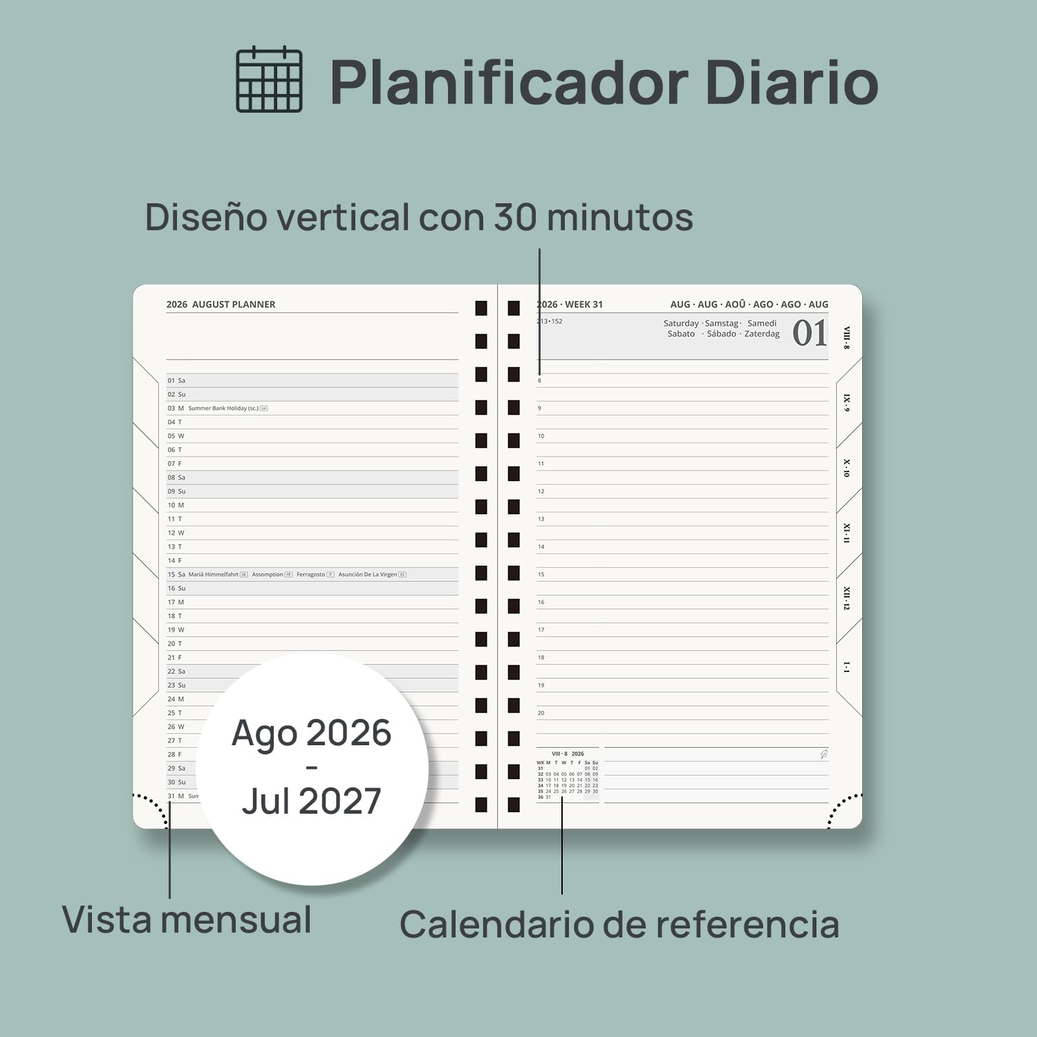 POPRUN Agenda 2026 2027 Dia Por Pagina 21,5 x 14,5 cm, Espiral Diaria 12 Meses de Ago.2026 a Jul.2027, Tapa Dura, Regla de Plásticol, 80 GSM Papel, Borgoña