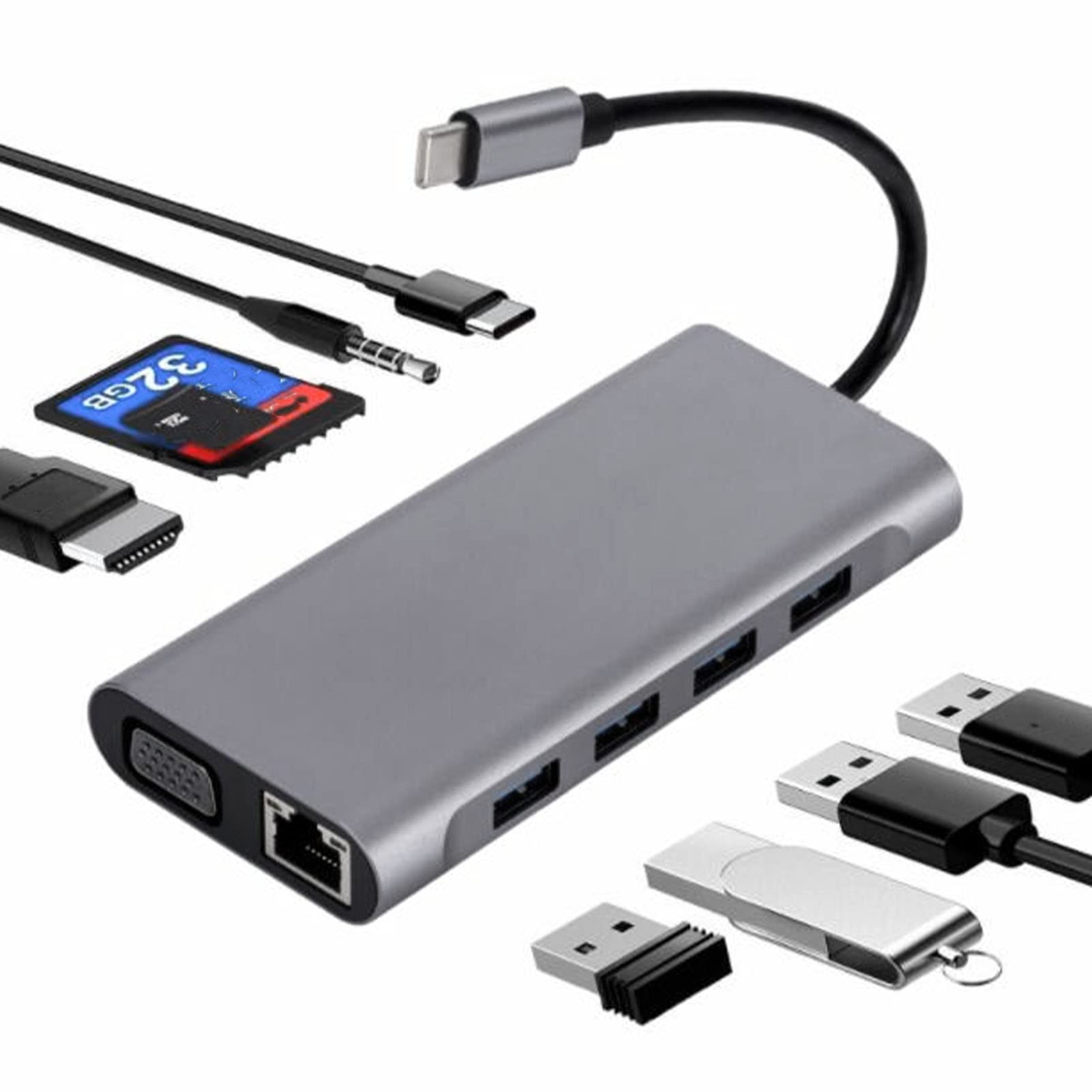 Docking Station per Laptop USB C, Adattatore Multiporta Hub USB C 11 in 1 con HDMI 4K, PD da 87 W, Ethernet 100 Mbps, USB 3.0 da 5 Gbps, 3 USB 2.0, SD/TF, AUX da 3,5 Mm, per