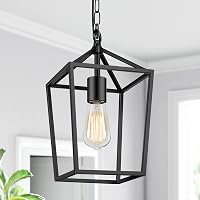 Farmhouse Black Pendant Light with 49in Adjustable Chain - Industrial Metal Cage Lantern for Kitchen Island, Dining Room, Hallway - Flat & Sloped Ceiling
