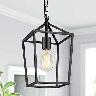 Farmhouse Black Pendant Light with 49in Adjustable Chain - Industrial Metal Cage Lantern for Kitchen Island, Dining Room, Hallway - Flat & Sloped Ceiling