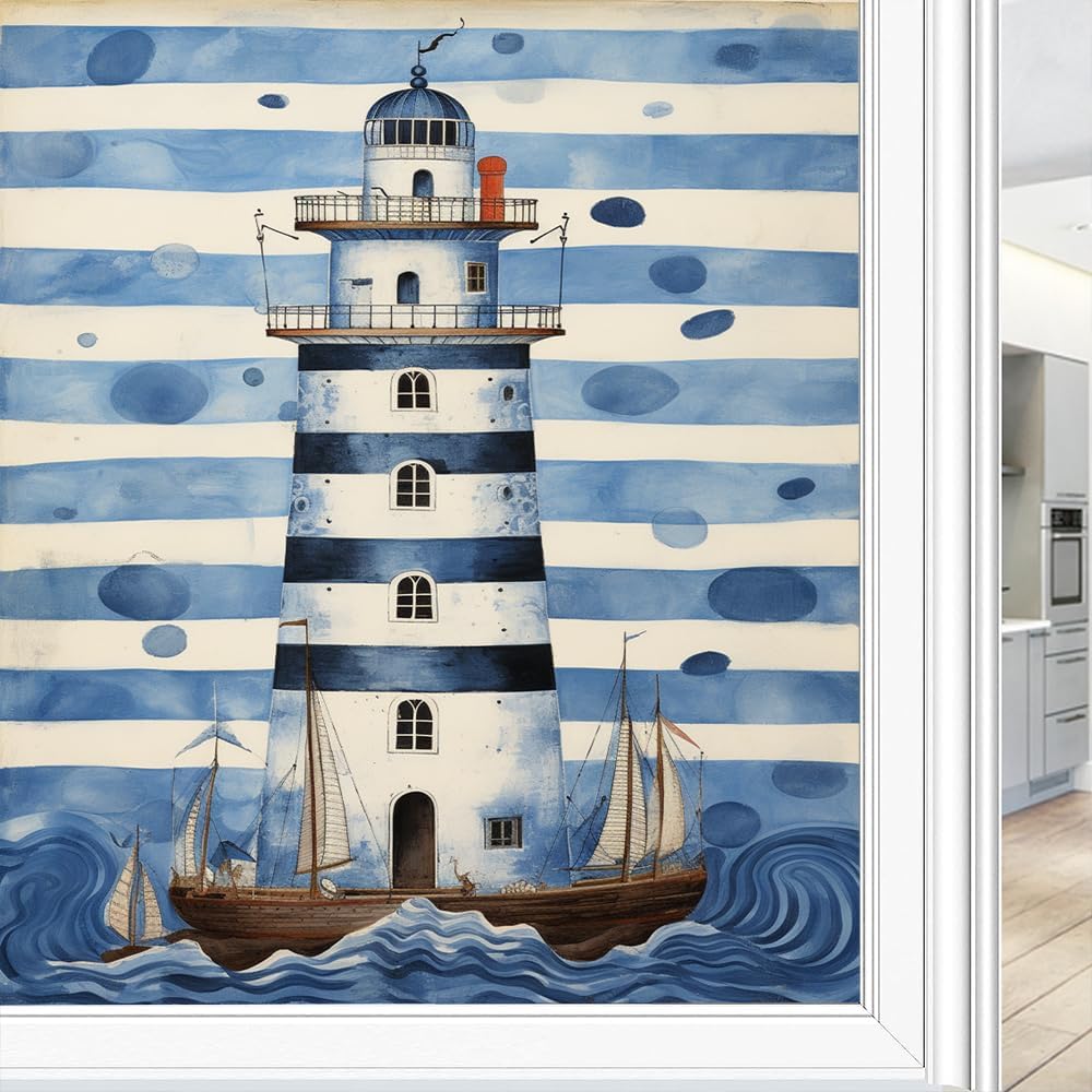 Nautical Ship Lighthouse Window Privacy Film Blue Coastal Retro Ocean Beacon Stained Glass Window Coverings Static Cling Window Film for Home Office Stores 35.4Wx63L