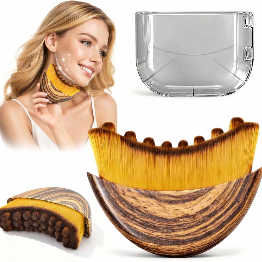 Facial Massage Brush for Jawline & Face Sculpting, Soft Bristle Wooden Contour Brush with Travel Case, Skincare Tool for Serum & Oil Application