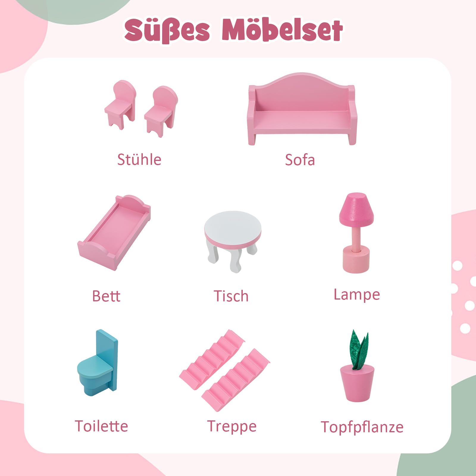 COSTWAY Puppenhaus aus Holz, Puppenstube mit 3 Etagen & 10 Möbel & 5 Zimmern, Traumhaus für Mädchen, Puppenvilla Dollhouse Spielzeug für Kinder ab 3 Jahren