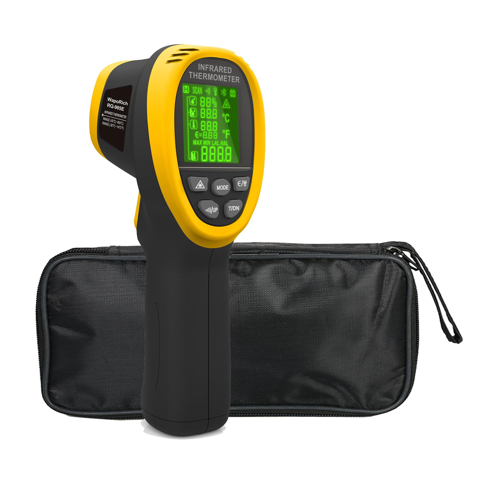 Thermomètre Infrarouge -50℃ à 800℃ à Double Laser Pyromètre 4 en 1 avec Humidité, Température Ambiante, Point de Rosée, Écran Couleur & Alarme 【Non adapté aux personnes】