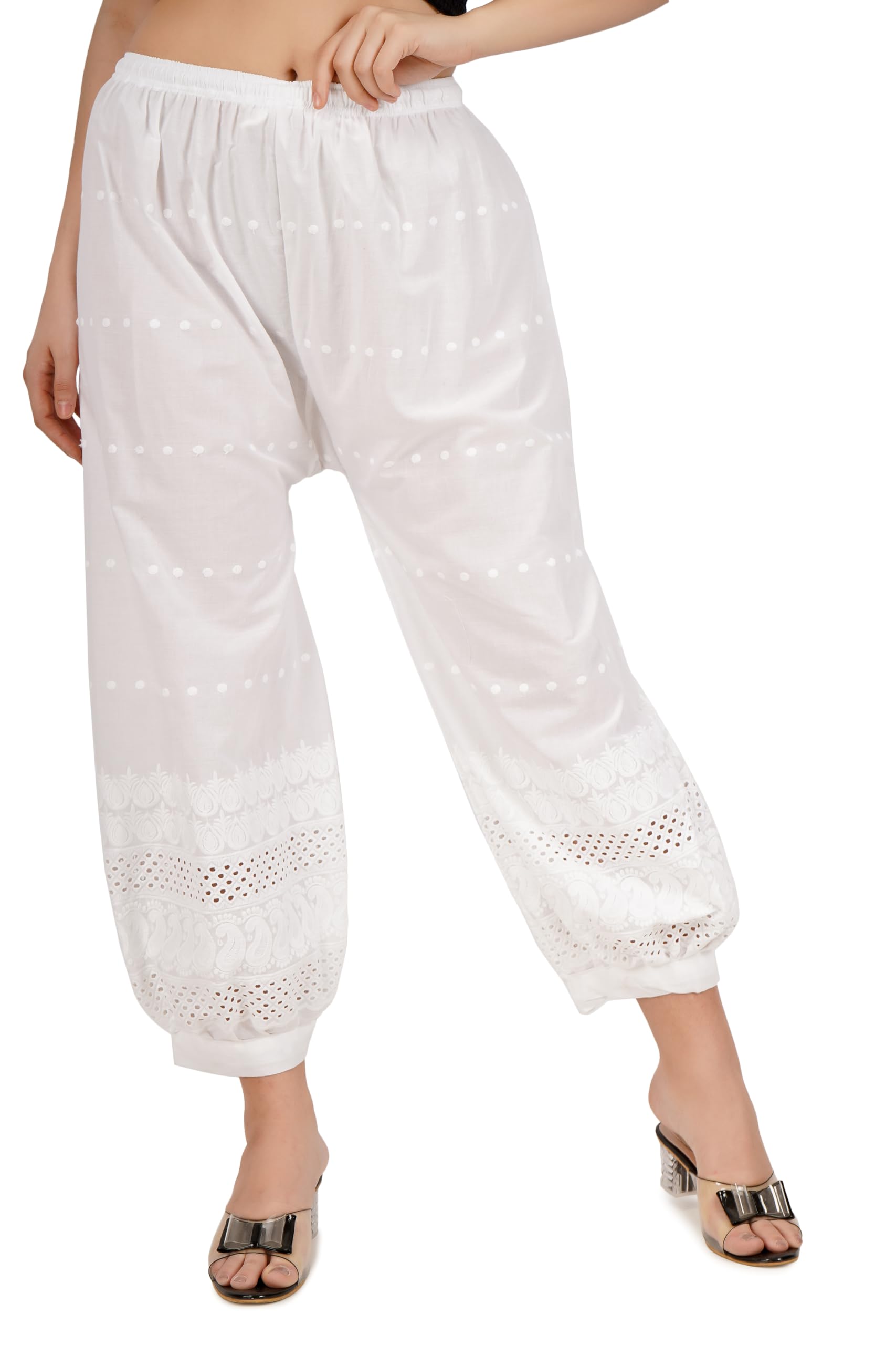 Sumaya Women's Cotton Salwar with Chikankari Embroidery, Loose Fit, Ivory-image-33