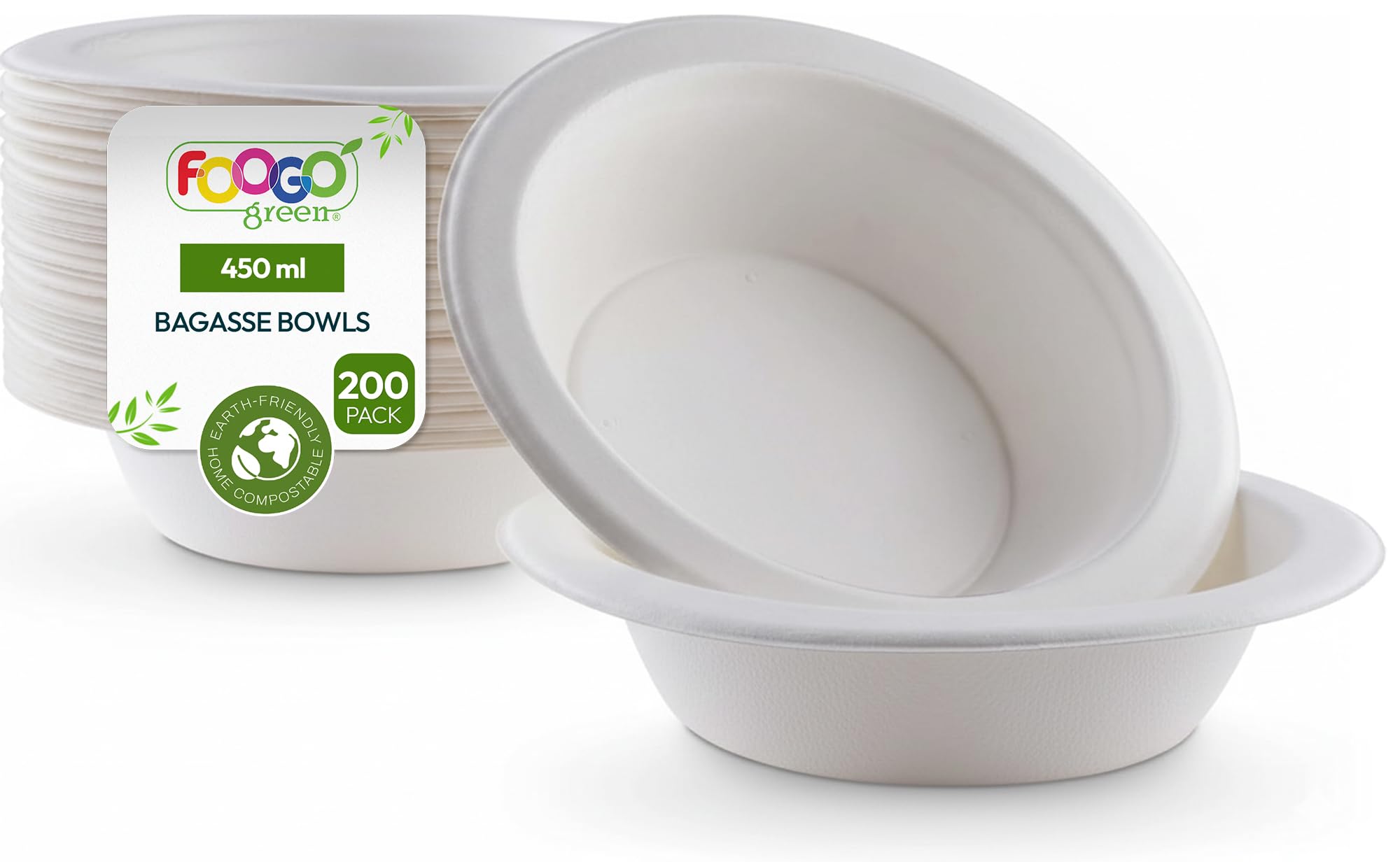 FOOGO Green 200 Cuencos Caña de Azúcar 450ml 18cm Profundos Desechables | Biodegradables, Compostables, Para sopa, postres y ensalada, Profundos y resistentes al calor, Como cuencos de papel