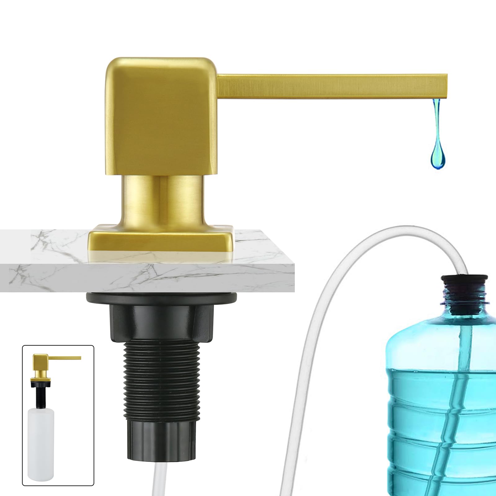 CREA Brushed Gold Countertop Soap Dispenser for Sink with 17 OZ Bottle and 39" Extension Tube Kit, Refill from The Top