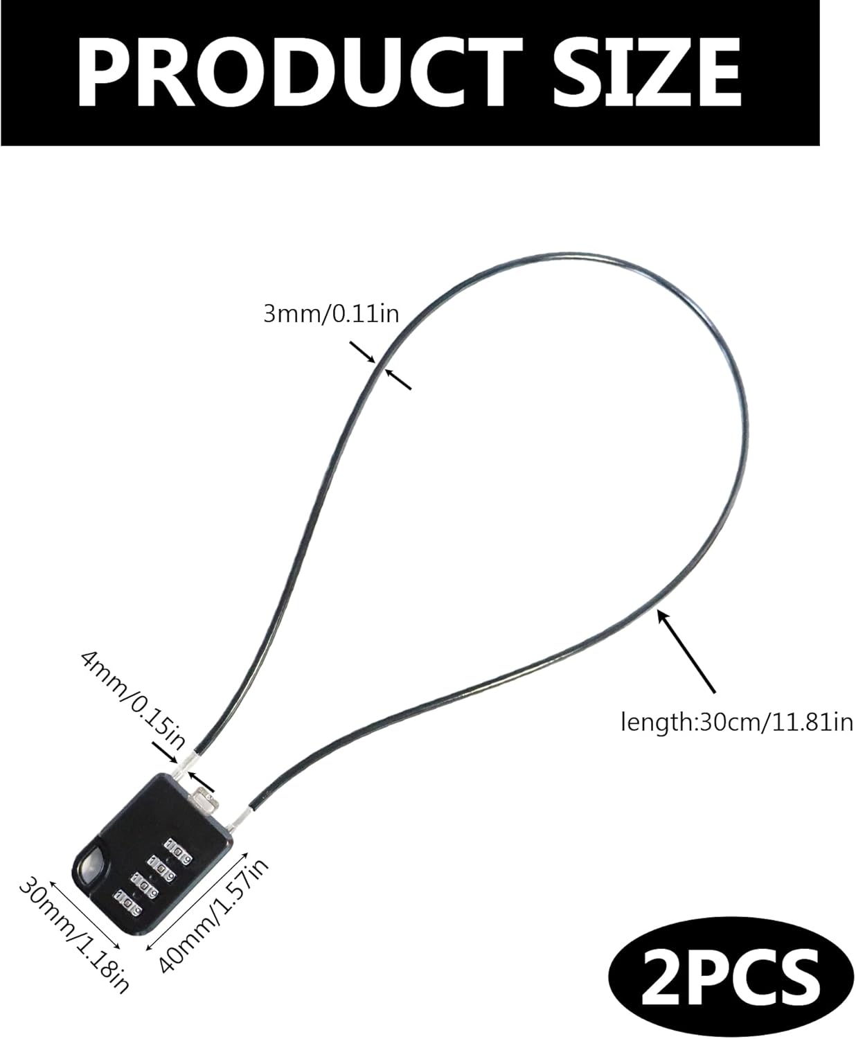 Pack of 2 4-Digit Cable Lock Combination Lock Luggage Locks Padlock with Wire Rope with 30 cm Wire Rope for Suitcase, Luggage, Locker (Black)