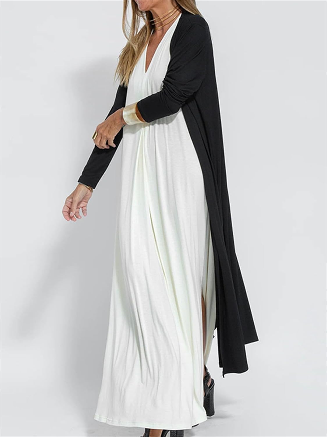 Cardigan Lungo svolazzante a Maniche Lunghe da Donna Tinta Unita Split Casual Street Cardigan Lungo Giacca Boho Cardigan con Spacco Laterale Camicetta Cardigan Estivo