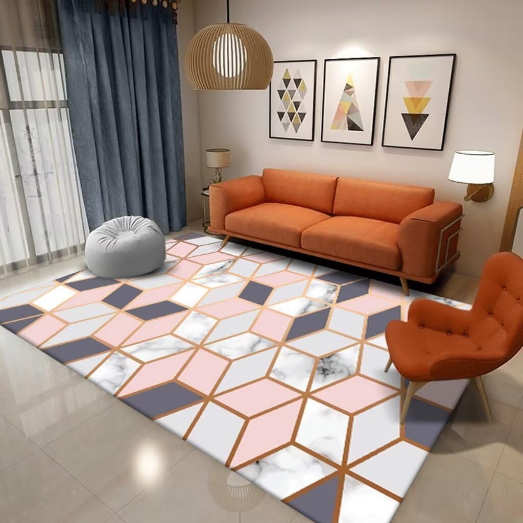 Tapis de salon géométrique abstrait moderne au design raffiné rose