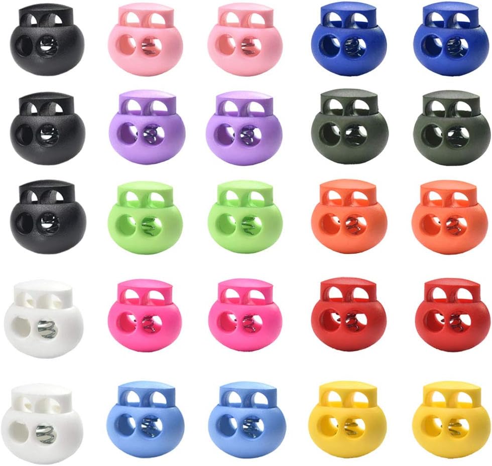 25Pcs Multicolor Cord Lock End Toggle Double Hole Spring Stopper Fastener Slider Toggles End