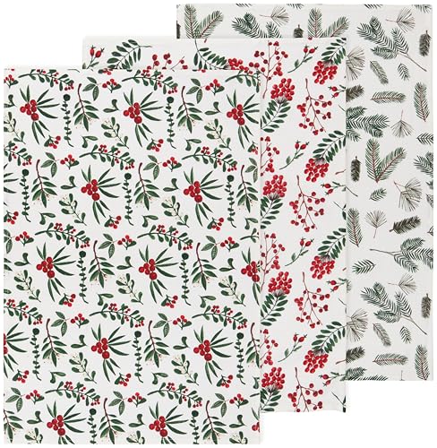 Image of Now Designs Winterberry Baker's Floursack Christmas Dishtowels Set of 3 - Festive Kitchen Towels for Holiday Baking