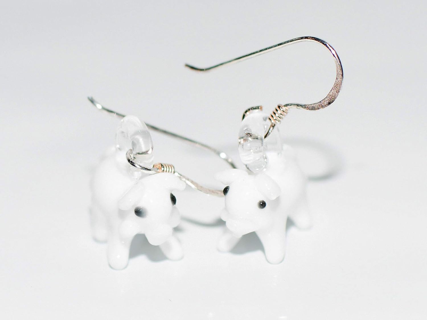 Pig Glass W/ 925 Silver Dangle Earrings Animals Figurines Hand Blown Glass Art Jewelry Gift (White)