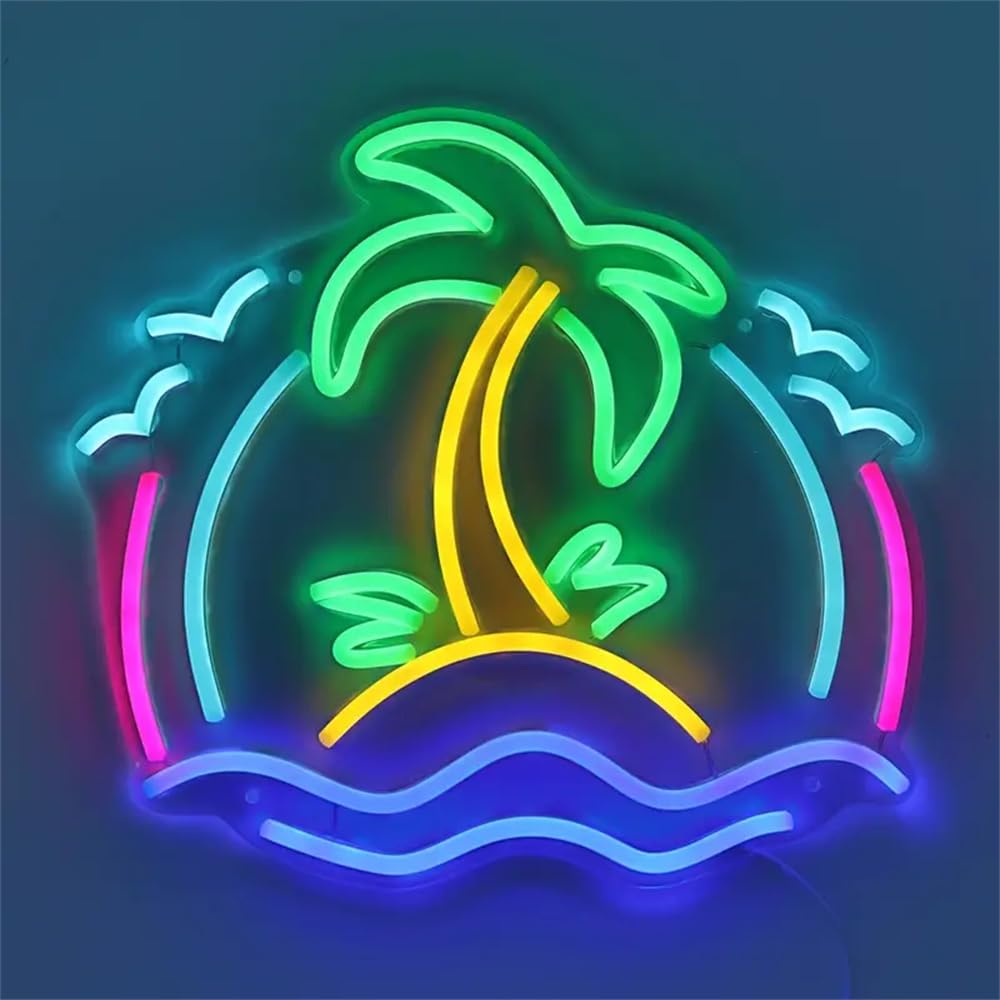 Panneau néon LED alimenté par USB en forme de cocotier et scène de plage pour fêtes, bière, bar, café, plage, paysage naturel, décoration pour boissons froides, lait, thé