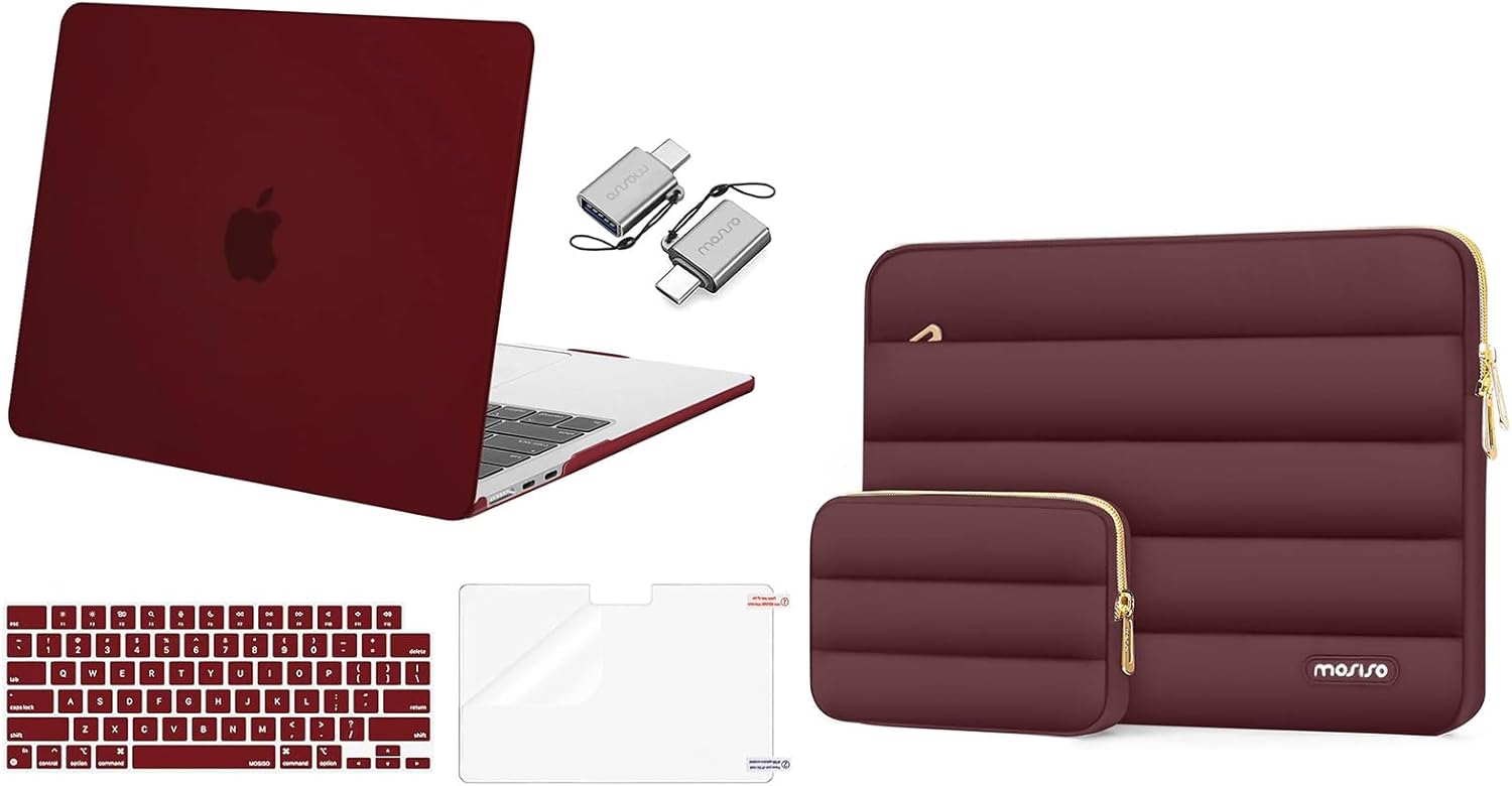 MOSISO Compatible with MacBook Air 13 inch Case 2024 2023 2022 M3 A3113 M2 A2681, Plastic Hard Case&Keyboard Cover&Screen Film&Type C Adapter for MacBook Air 13.6 inch Case&Bag, Burgundy&Wine Red