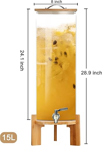 Miniatura 3 de Dispensador de bebidas, dispensador de bebidas de vidrio de 4 galones con soporte, grifo de acero inoxidable, ideal para fiestas, bares,