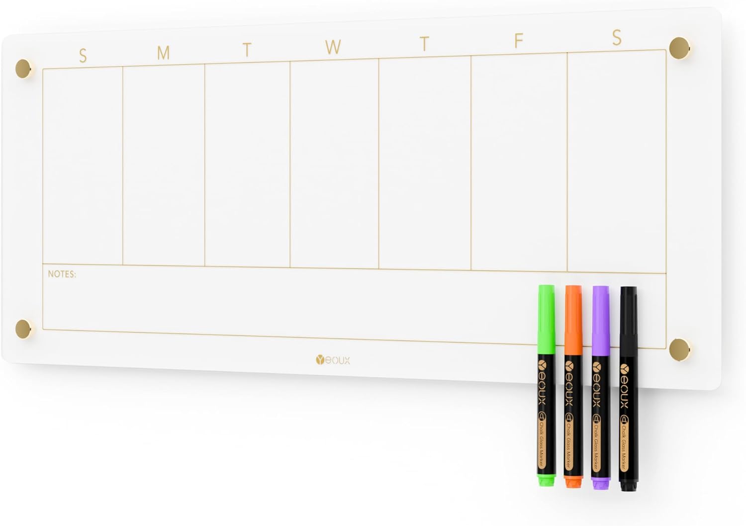 Glass Golden Weekly Dry Erase Calendar White Board for Wall, to Do List & 7 Days Planner Whiteboard for Home Office, 23x9.5, 4 Wet Erase Markers Included, Yeoux White 23"W x 9.5"H