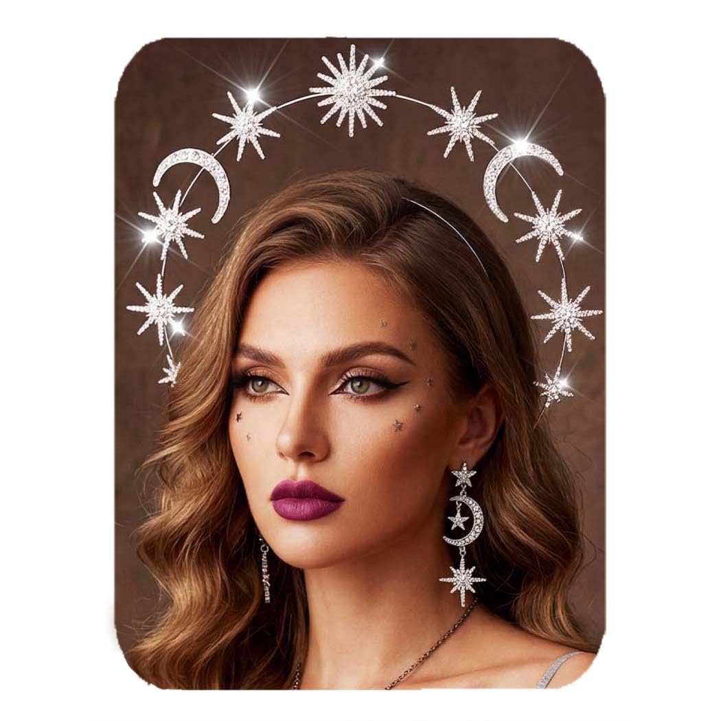 Fashey Stars Halo Crown Gold Moon Headpiece Rhinestone Star Halo Crown Goddess Headbands Hair Accessories for Women (Silver)