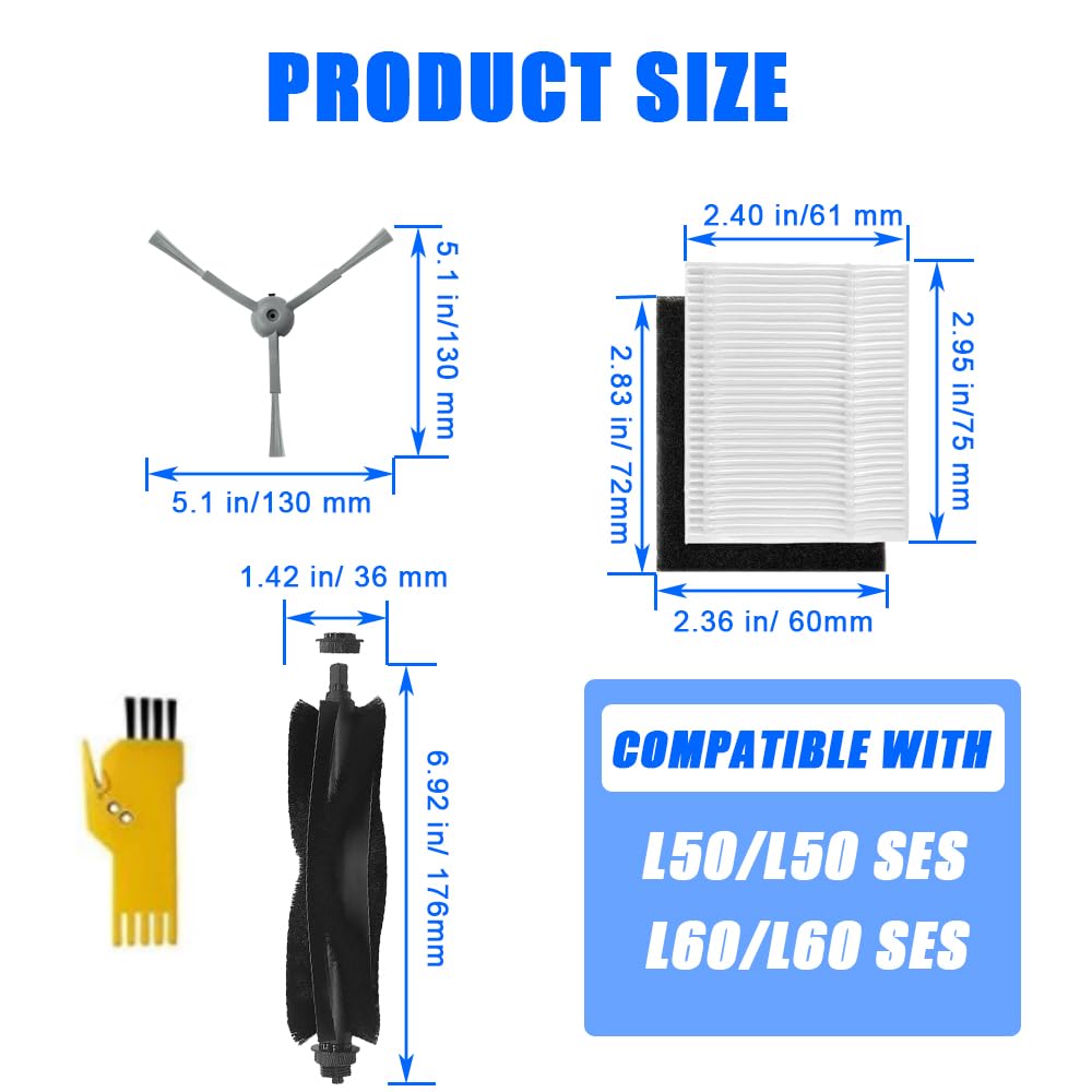 Ersatzteile für eufy L60 & L50 Serie Roboterstaubsauger – Qualitätszubehör für bessere Reinigungsleistung, 2 Rollenbürsten, 6 HEPA-Filter und Schaumstofffilter, 6 Seitenbürsten, 1 Reinigungswerkzeug
