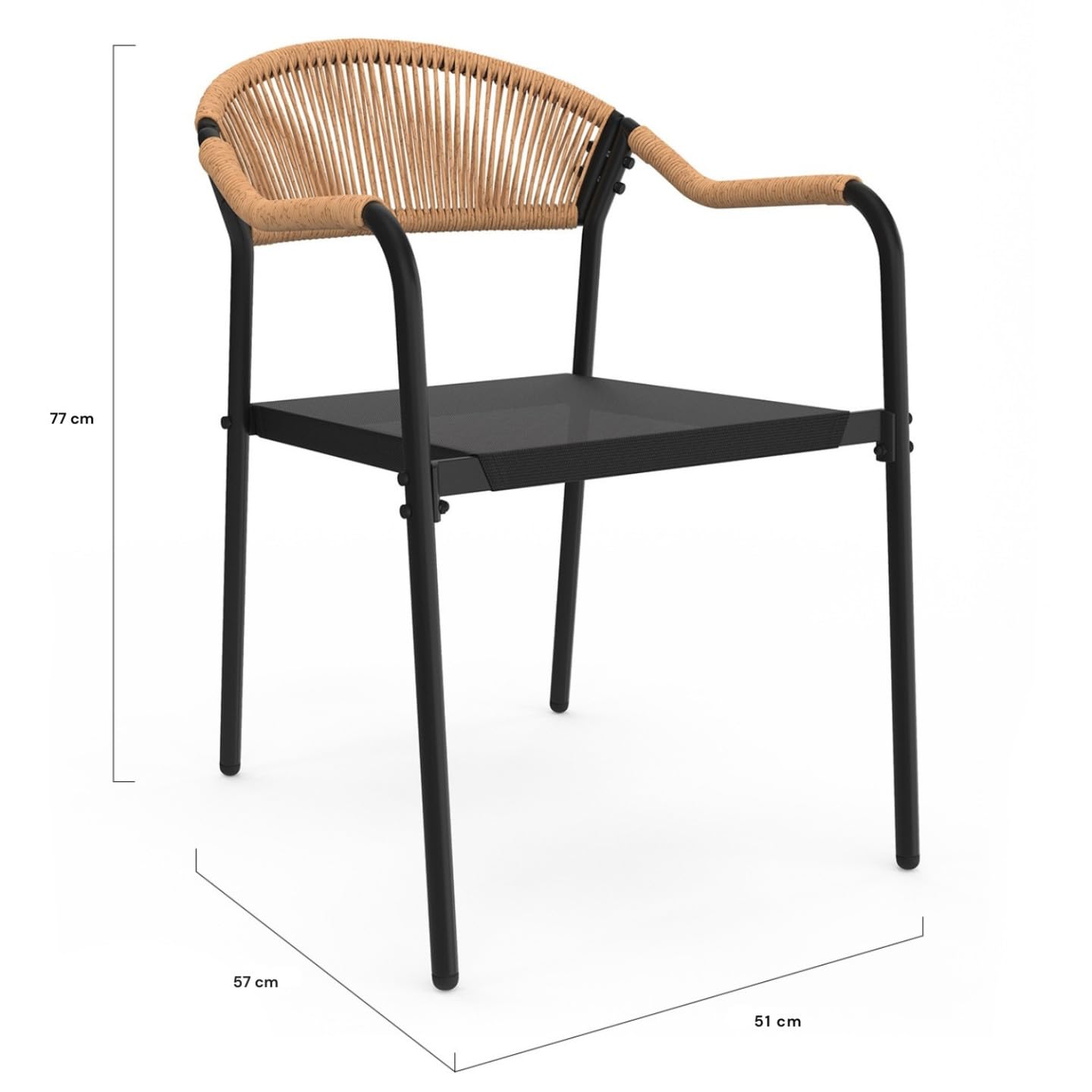 IDMarket - Set aus 4 Gartenstühlen Madeira Metall, Seil und Textilene schwarz und helles Rattan