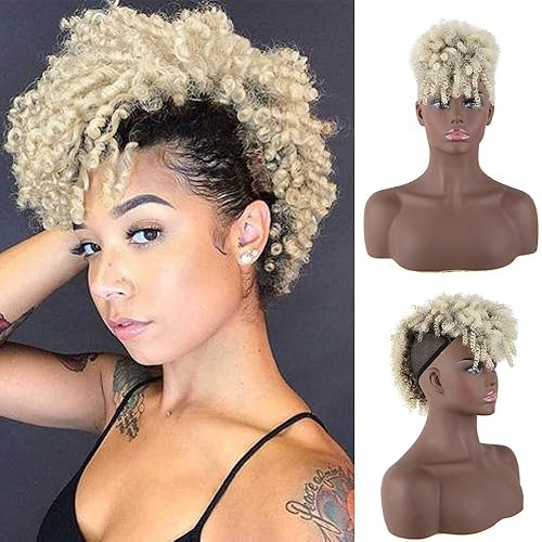 CINHOO Peluca Mohawk con reflejos marrones, rizos Jerry, moño alto abombado, cola de caballo con cordón con flequillo, rubio sintético, extensiones