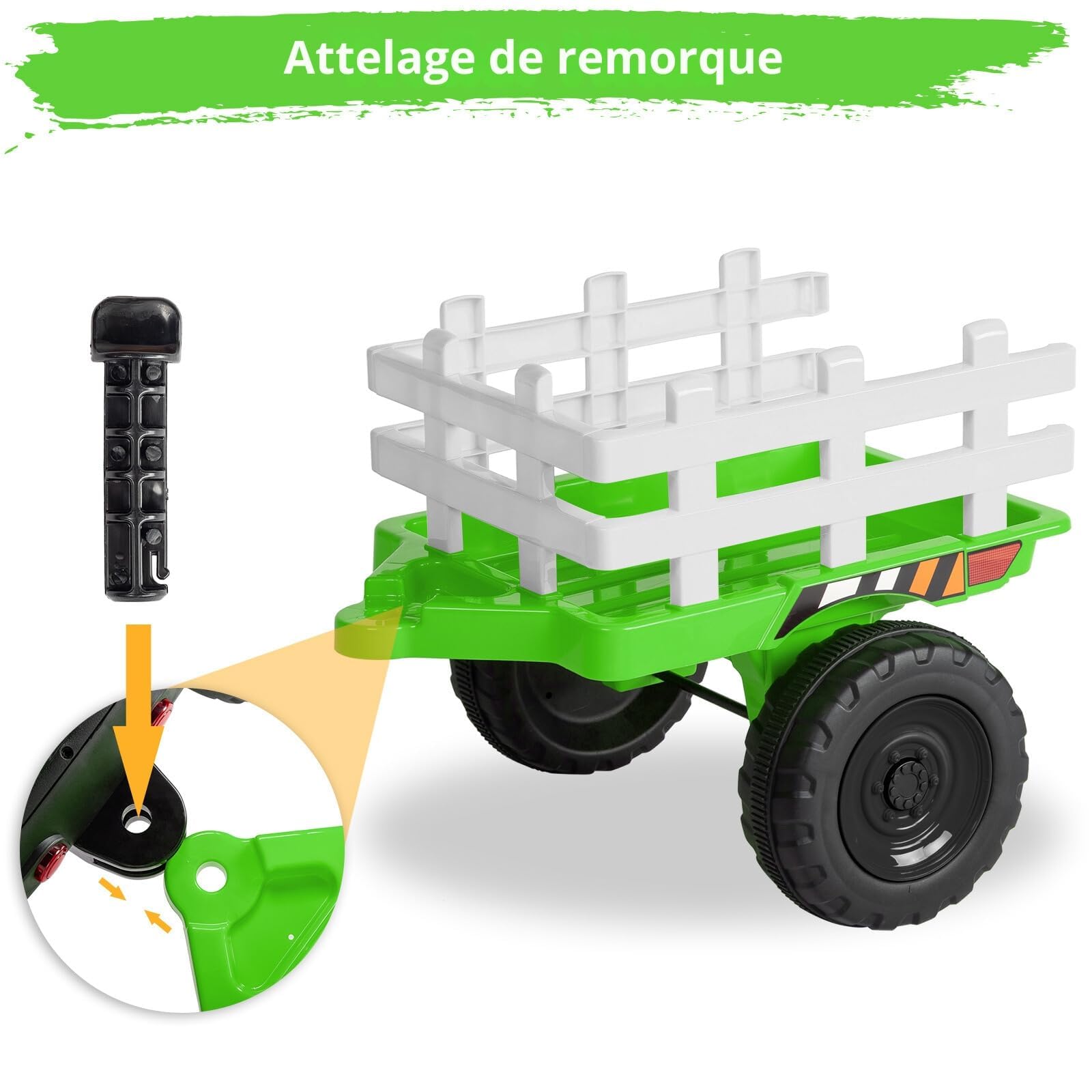 LEADZM 12V Tracteur Électrique Enfant avec Remorque Amovible, Lumière LED, Musique, Klaxon, Télécommande 2,4 GHz Vert