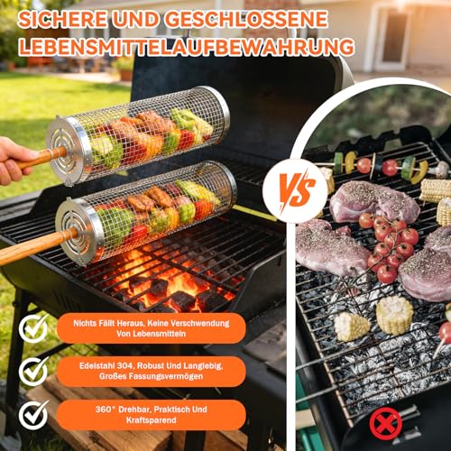 Valyrane Edelstahl Grillkorb Set mit Holzgriff – 2-tlg. Grillkorb Gemüse zum Drehen & Falten, 31x10cm + 30x9cm, für Gemüse, Fleisch, Fisch auf Grill & Lagerfeuer