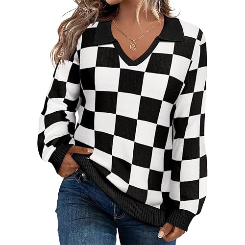 CARCOS Plus Size Sweaters for Women Long Sleeve Pullover Sweaters Lapel Collared Vneck Knit Jumper Tops Fall Winter XL-5XL
