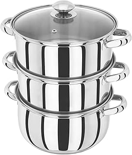 Essentials HX04 22 Centimetre 3-Tier Steamer Set with Glass Lid, 22cm, Silver
