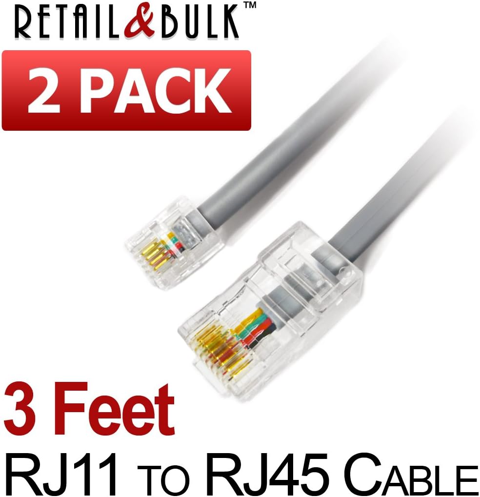 RetailAndBulk (2 Pack) 3 Feet RJ11 6P4C to RJ45 8P8C Interconnect Telephone Cable (36 Inches, Gray)