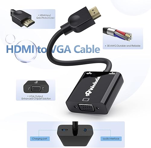 Miniatura 3 de Weduda Adaptador HDMI a VGA (hombre a hembra) con puerto de audio de 0.138 in, convertidor activo 1080P para computadora, computadora de escritorio,
