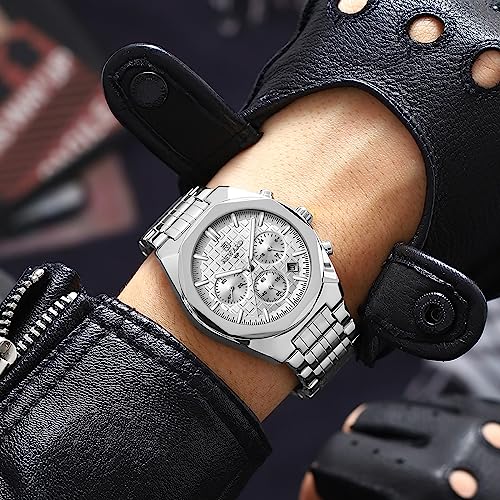 REWARD Relógio masculino executivo de aço inoxidável, esportivo, cronógrafo, luminoso, à prova d'ág