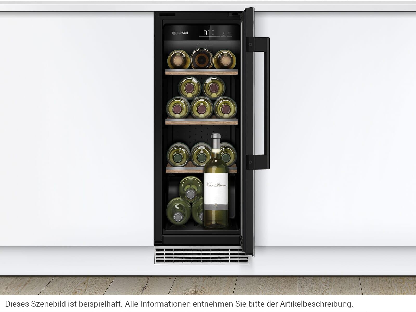 Bosch KUW20VHF0 Serie 6 Weinkühlschrank, 82 x 30 cm, 21 Flaschen, Temperatur: 5-20 °C, eine Temperaturzone, 58 L, LED-Beleuchtung gleichmäßige Ausleuchtung, ausschaltbares Präsenterlicht