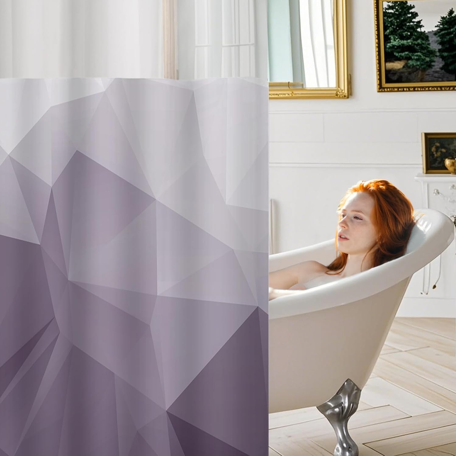 No Hook Shower Curtain with Snap in Liner and Sheer Window, Purple Modern Geometric Fabric Shower Curtain Set for Bathroom Decor, 15-Second Quick Install, Abstract Irregular Ombre, 71"X74"