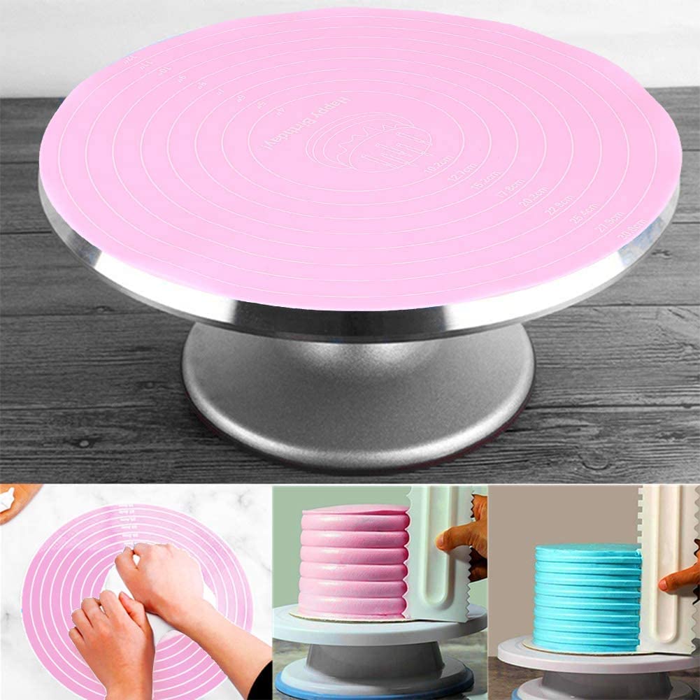 Paquete de 2 alfombrillas de silicona para hornear con medidas para soporte giratorio de pasteles, alfombrilla redonda de silicona antideslizante para hacer pasteles, galletas, macarrones, pan y