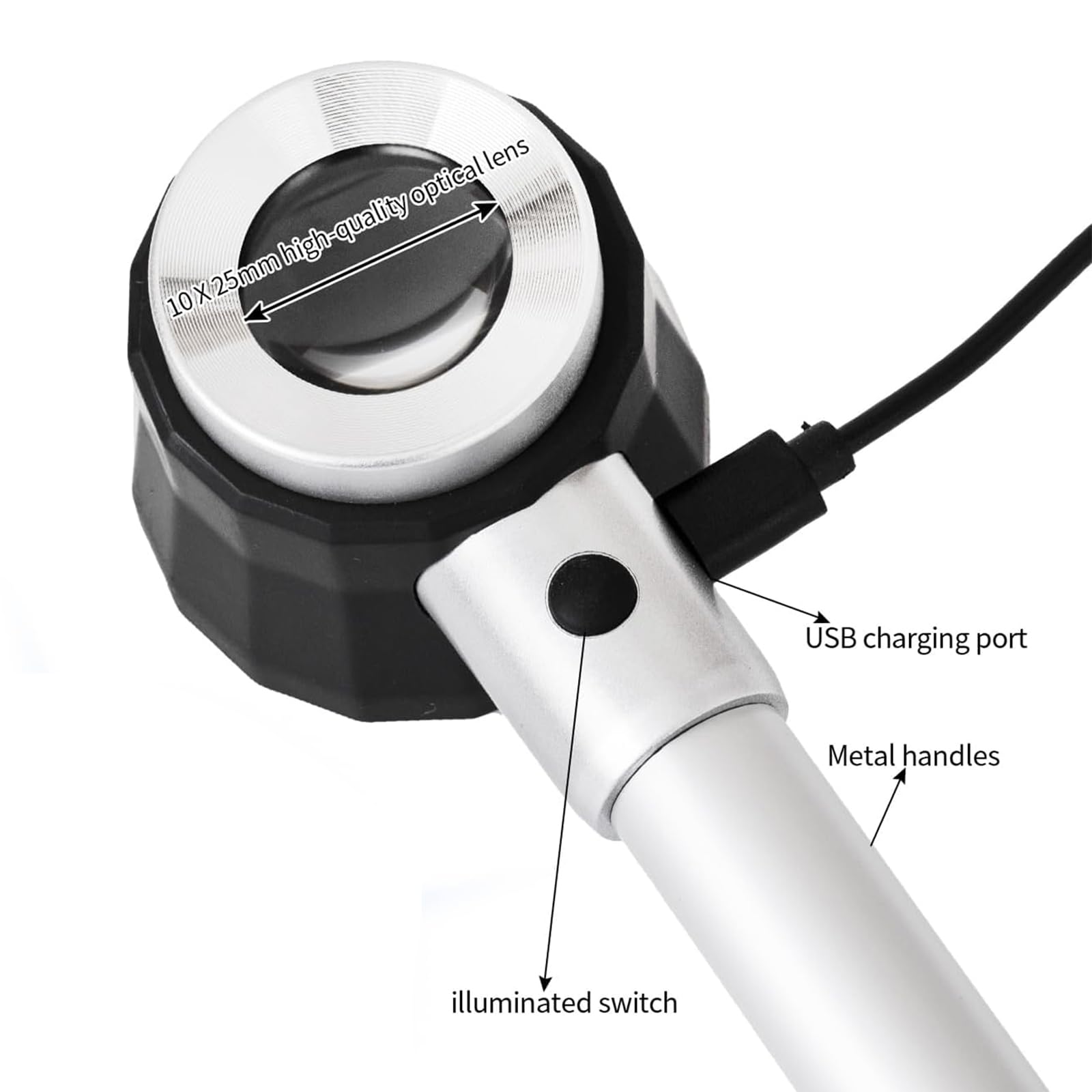 Lente d'Ingrandimento 30x con Luce,Ricaricabile, Manico Rimovibile & Righello 2cm, Lente Vetro Ottico 25mm per Gioielli, Dermatoscopio, Monete, Ispezione Pelle