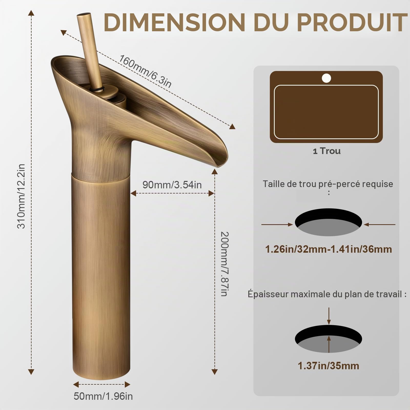 Robinet mitigeur à jet cascade et levier unique pour lavabo de salle de bains (haut)
