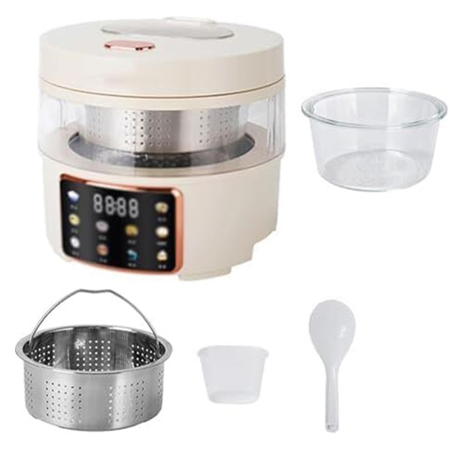 Cuociriso in vetro da 2,5 litri, 400 W, timer 24 ore, mantiene caldo, | Corpo trasparente, cestello vapore in acciaio, preimpostazione ritardo digitale, modalità pasto pronto,