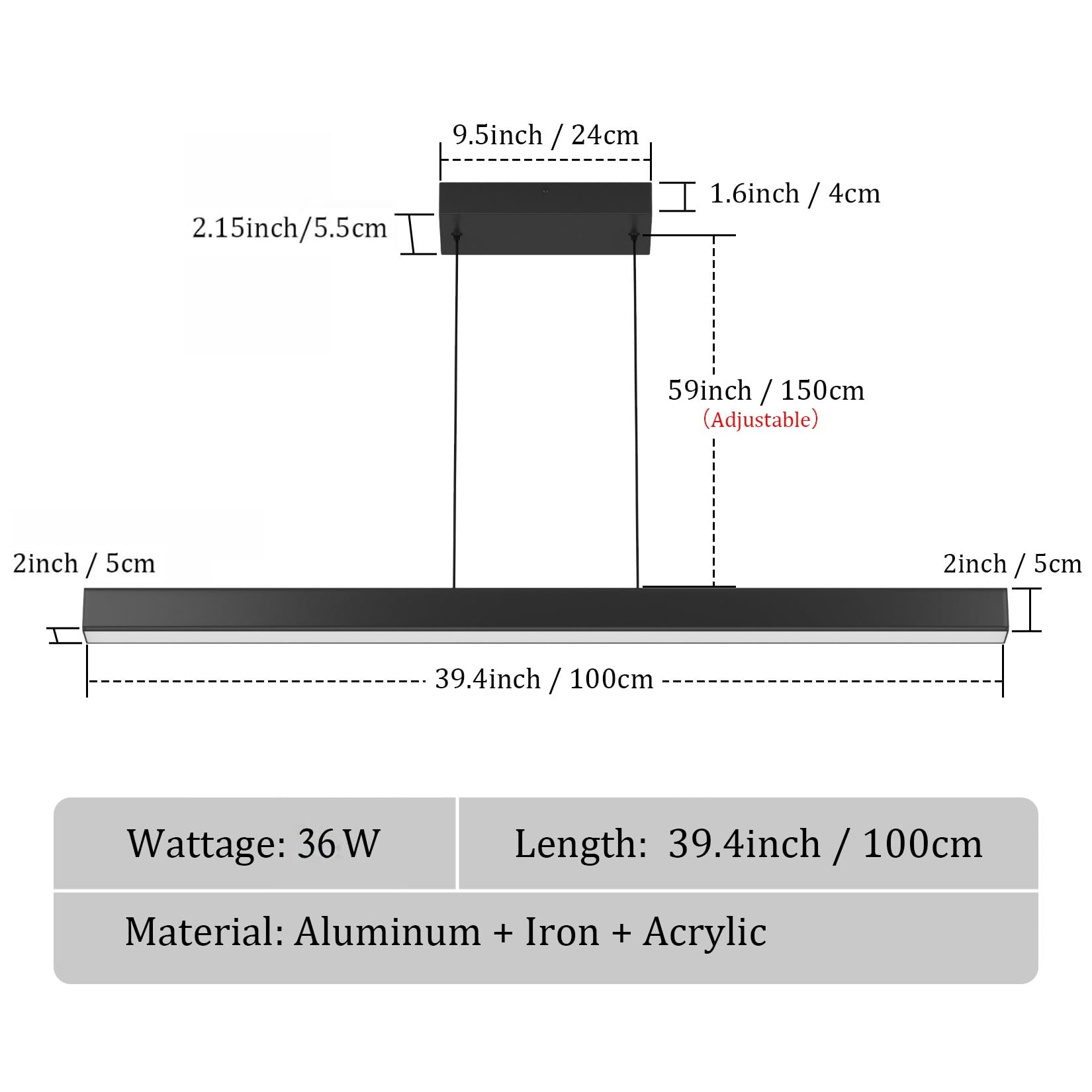 LED Pendelleuchte, 36W, Hängeleuchte mit Fernbedienung, 3000K-6000K drei Farbtemperaturen einstellbar, moderne Pendelleuchte für Wohnzimmer Schlafzimmer, Länge 100cm, Schwarz