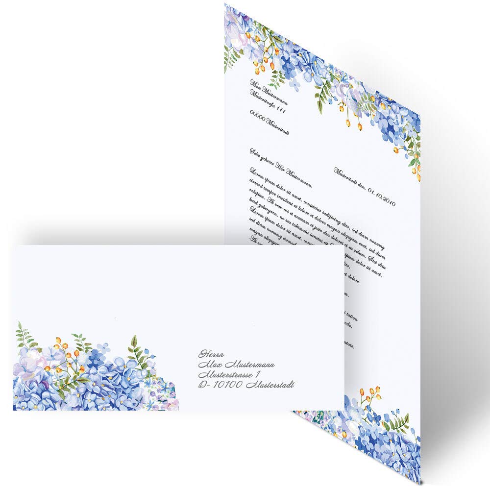 Paper-Media Motivo set di cancelleria Fiori & Petali ORTENSIE BLU 10 fogli 10 buste DIN LANG