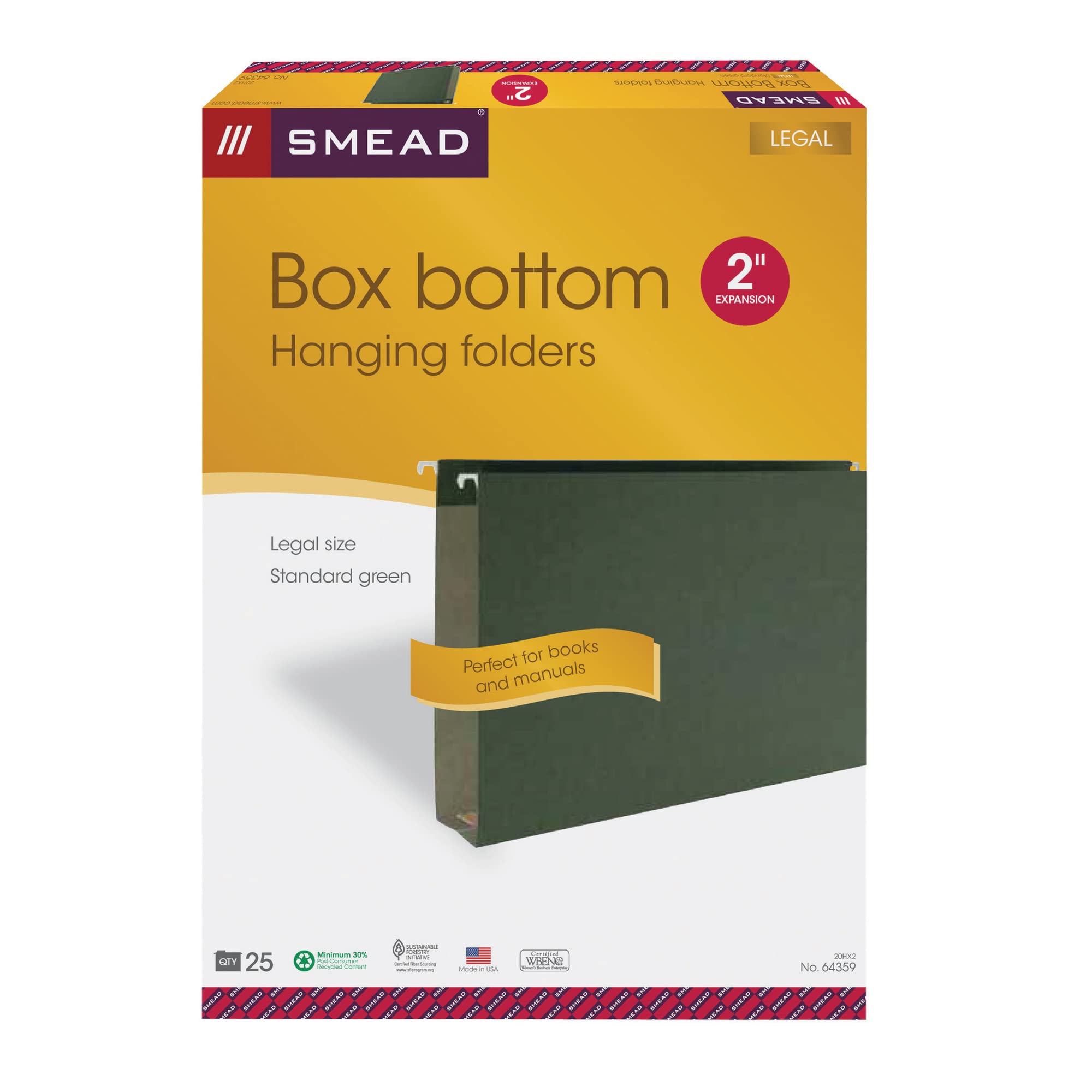 SMEAD Box unten Hängemappen, 5,1 cm Expansion, Legal Größe, Standard grün, 25 pro Box (64358)