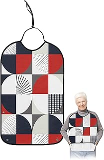 Kewadony Adult Bibs for Elderly Women - Black Red Geometric Waterproof Dining Clothing Protectors with Crumb Catcher for Eating/Feeding, Round Middle Century Abstract Art Terry Cloth Bib Washable