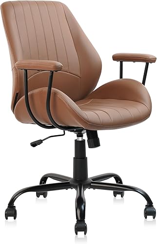 Miniatura 8 de CLATINA Silla de oficina de cuero marrón con ruedas y brazos, silla ergonómica de escritorio para el hogar con soporte lumbar, sillas de trabajo